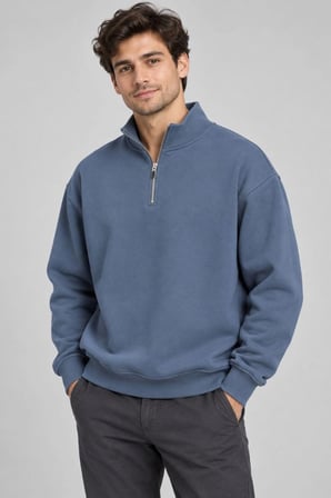 Erkek Üç İplik İçi Şardonlu İçi Yünlü Dik Yaka Yarım Fermuarlı Kalın Kışlık Mavi Sweatshirt