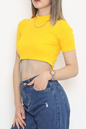 Bisiklet Yaka Altı Saçaklı Taş Detaylı Püsküllü Crop Kaşkorse Şık T-Shirt Hardal - 80193