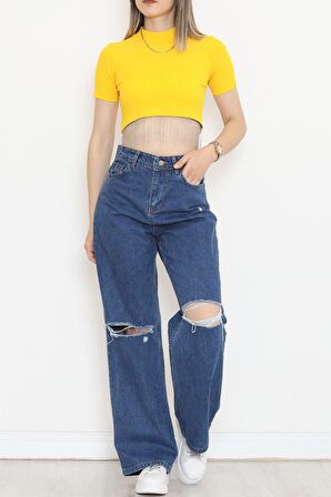 Bisiklet Yaka Altı Saçaklı Taş Detaylı Püsküllü Crop Kaşkorse Şık T-Shirt Hardal - 80193