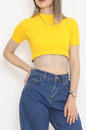 Bisiklet Yaka Altı Saçaklı Taş Detaylı Püsküllü Crop Kaşkorse Şık T-Shirt Hardal - 80193