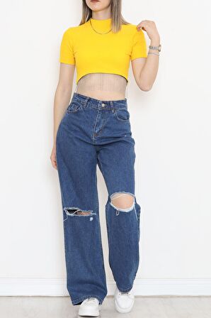 Bisiklet Yaka Altı Saçaklı Taş Detaylı Püsküllü Crop Kaşkorse Şık T-Shirt Hardal - 80193