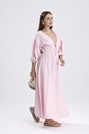 Kadın Pembe Konfor Modeli V Yaka Balon Kol Müslin Elbise Bağlamalı Bel Büzgülü A Kesim Uzun Elbise