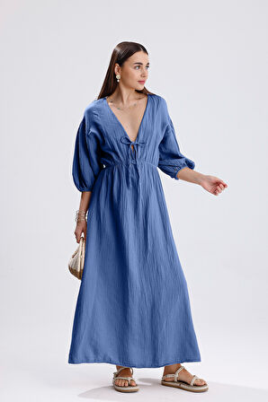 Kadın Mavi Konfor Modeli V Yaka Balon Kol Müslin Elbise Bağlamalı Bel Büzgülü A Kesim Uzun Elbise