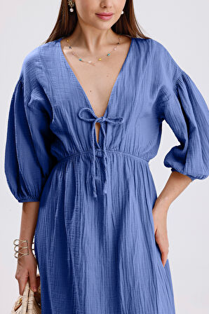 Kadın Mavi Konfor Modeli V Yaka Balon Kol Müslin Elbise Bağlamalı Bel Büzgülü A Kesim Uzun Elbise