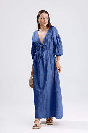 Kadın Mavi Konfor Modeli V Yaka Balon Kol Müslin Elbise Bağlamalı Bel Büzgülü A Kesim Uzun Elbise