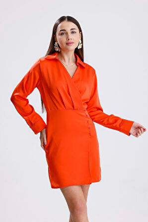 Kadın Turuncu Kruvaze Yaka Gömlek Tarzı Parlak Saten Mini Elbise Uzun Kollu Abiye Elbise Yılbaşı