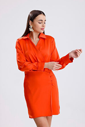Kadın Turuncu Kruvaze Yaka Gömlek Tarzı Parlak Saten Mini Elbise Uzun Kollu Abiye Elbise Yılbaşı