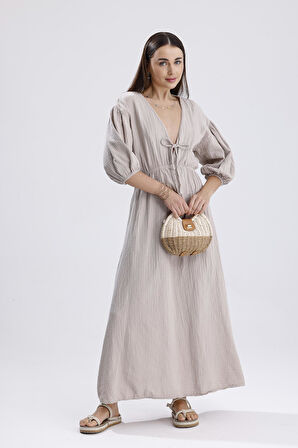 Kadın Bej Konfor Modeli V Yaka Balon Kol Müslin Elbise Bağlamalı Bel Büzgülü A Kesim Uzun Elbise