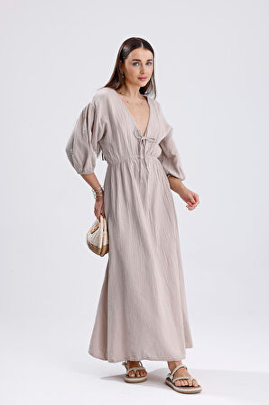 Kadın Bej Konfor Modeli V Yaka Balon Kol Müslin Elbise Bağlamalı Bel Büzgülü A Kesim Uzun Elbise