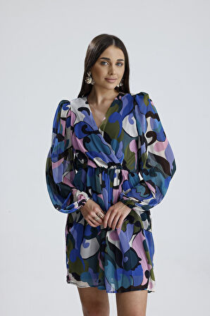 Mavi Desenli Mini Kloş Çan Modeli Elbise V Yaka Beli Lastikli Balon Kollu Elbise Abiye Gece Elbisesi