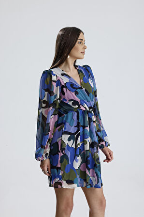 Mavi Desenli Mini Kloş Çan Modeli Elbise V Yaka Beli Lastikli Balon Kollu Elbise Abiye Gece Elbisesi