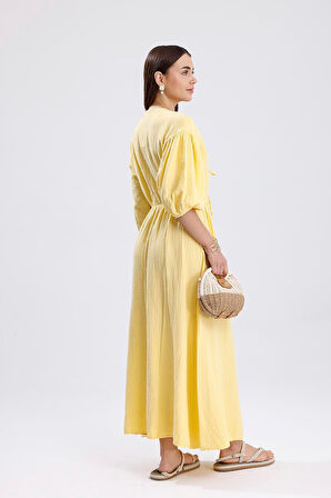 Kadın Sarı Konfor Modeli V Yaka Balon Kol Müslin Elbise Bağlamalı Bel Büzgülü A Kesim Uzun Elbise