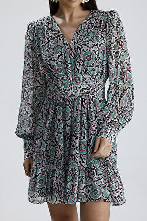 Yeşil Çiçekli Şifon Mini Kloş Çan Modeli Elbise V Yaka Beli Lastikli Büzgülü Uzun Kollu Bohem Elbise