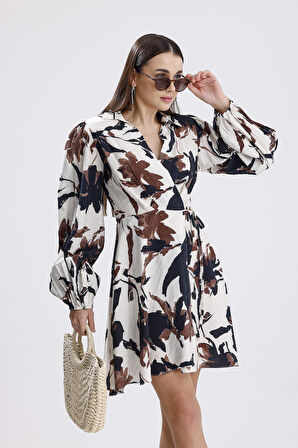 Kadın Kahverengi Çiçekli Polo Yaka Anvelop Kesim Mini Elbise Önü Kuşak Bağlamalı Balon Kollu Elbise