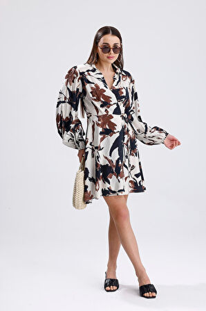 Kadın Kahverengi Çiçekli Polo Yaka Anvelop Kesim Mini Elbise Önü Kuşak Bağlamalı Balon Kollu Elbise