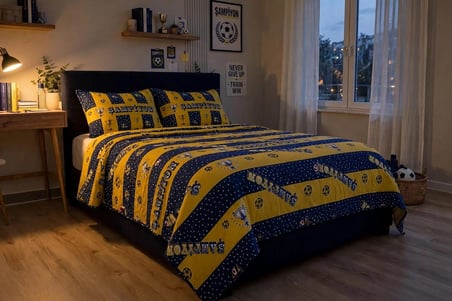 Tek Kişilik Elyaf Dolgulu Kapitone Şampiyon Tasarımlı Sarı Lacivert Çok Amaçlı Pike ve Yatak Örtüsü (155x215 cm) Çift Taraflı