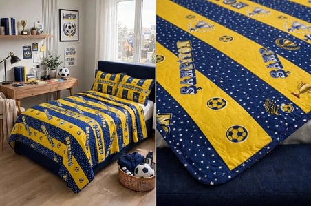 Tek Kişilik Elyaf Dolgulu Kapitone Şampiyon Tasarımlı Sarı Lacivert Çok Amaçlı Pike ve Yatak Örtüsü (155x215 cm) Çift Taraflı