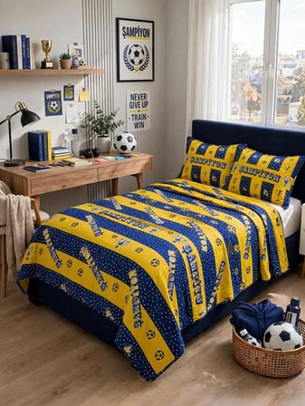 Tek Kişilik Elyaf Dolgulu Kapitone Şampiyon Tasarımlı Sarı Lacivert Çok Amaçlı Pike ve Yatak Örtüsü (155x215 cm) Çift Taraflı