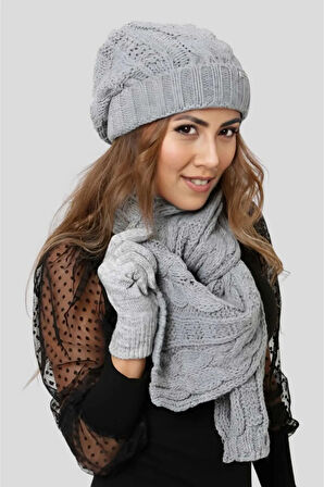 Uniquetrenders Kadın Örgü Triko Atkı Eldiven Bere Takımı 3'lü Set