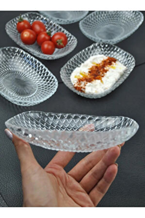 6'lı Cam Kase Sunum Kayık Tabak Meze Tabağı Çerez Kasesi 15cm- Vera