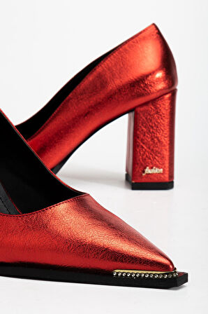 Suins Premium Verty Model Kadın Kalın Topuklu Burnu Taşlı Rugan Stiletto Ayakkabı