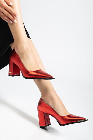 Suins Premium Verty Model Kadın Kalın Topuklu Burnu Taşlı Rugan Stiletto Ayakkabı