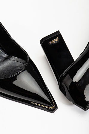 Suins Premium Verty Model Kadın Kalın Topuklu Burnu Taşlı Rugan Stiletto Ayakkabı