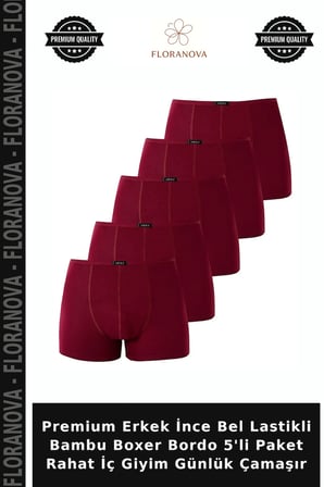 Premium Erkek İnce Bel Lastikli Bambu Boxer Bordo 5'li Paket Rahat İç Giyim Günlük Çamaşır