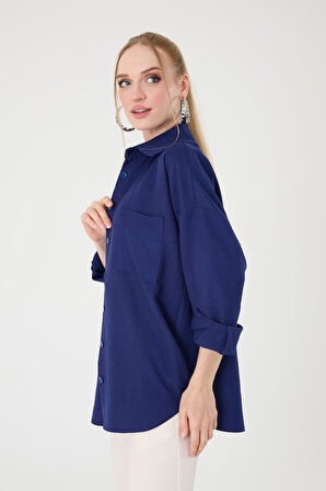 Tek Cepli Oversize Keten Gömlek- Lacivert