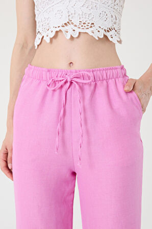 Kadın Pembe Keten Karışımlı Bol Kesim Pantolon