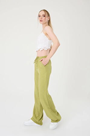 Kadın Yağ Yeşil Keten Karışımlı Bol Kesim Pantolon