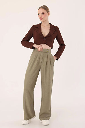 	Kadın Haki Çift Düğmeli Keten Palazzo Pantolon