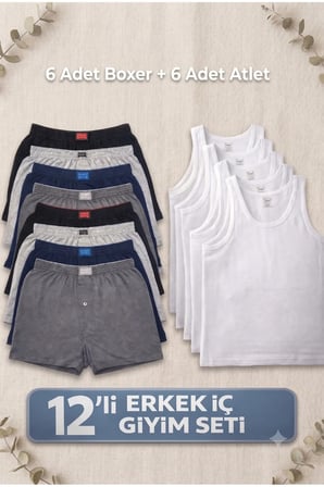 ERKEK DÜZ PENYE BOXER 6 Adet + PENYE ATLET 6 ADET EKONOMİK BÜTÇE DOSTU SET (12Lİ)