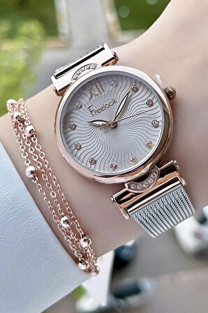 Freelook FLISTE14 Rose Gümüş Renk Hasır Kordon 5 ATM Su Geçirmez Kadın Kol Saati ve Bileklik