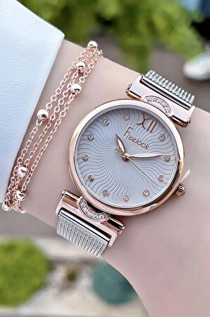 Freelook FLISTE14 Rose Gümüş Renk Hasır Kordon 5 ATM Su Geçirmez Kadın Kol Saati ve Bileklik