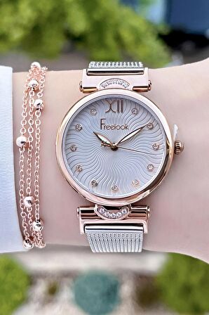 Freelook FLISTE14 Rose Gümüş Renk Hasır Kordon 5 ATM Su Geçirmez Kadın Kol Saati ve Bileklik