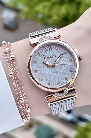 Freelook FLISTE14 Rose Gümüş Renk Hasır Kordon 5 ATM Su Geçirmez Kadın Kol Saati ve Bileklik