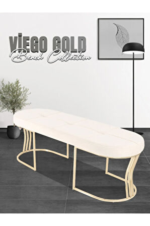Viego Gold Exclusive Bench Lüks Metal Gold Ayak, Chester Model Yatak Ucu Beyaz Puf