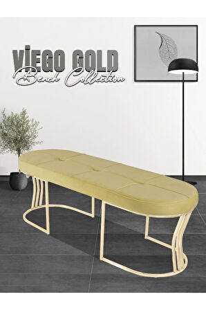 Viego Gold Exclusive Bench Lüks Metal Gold Ayak, Chester Model Yatak Ucu Hardal Puf
