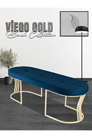 Viego Gold Exclusive Bench Lüks Metal Gold Ayak, Chester Model Yatak Ucu Mavi Puf