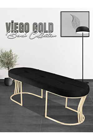 Viego Gold Exclusive Bench Lüks Metal Gold Ayak, Chester Model Yatak Ucu Siyah Puf