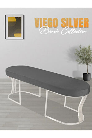 Viego Silver Smooth Bench Lüks Metal Gümüş Ayak, Chester Model Yatak Ucu Gri Puf
