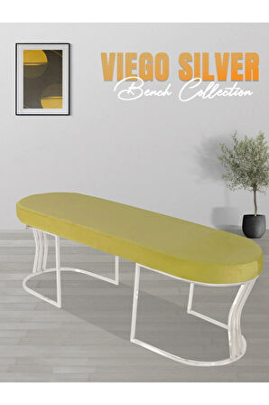 Viego Silver Smooth Bench Lüks Metal Gümüş Ayak, Chester Model Yatak Ucu Hardal Puf