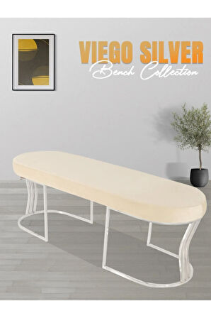 Viego Silver Smooth Bench Lüks Metal Gümüş Ayak, Chester Model Yatak Ucu Krem Puf