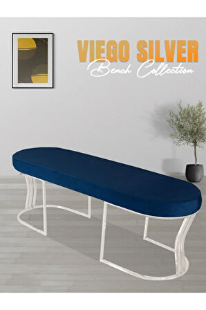 Viego Silver Smooth Bench Lüks Metal Gümüş Ayak, Chester Model Yatak Ucu Mavi Puf