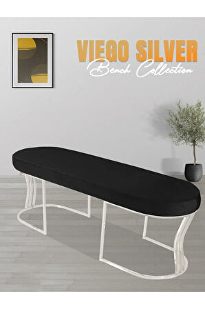 Viego Silver Smooth Bench Lüks Metal Gümüş Ayak, Chester Model Yatak Ucu Siyah Puf