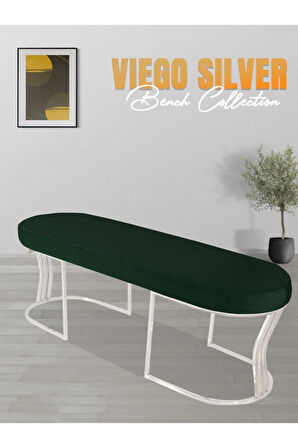 Viego Silver Smooth Bench Lüks Metal Gümüş Ayak, Chester Model Yatak Ucu Yeşil Puf