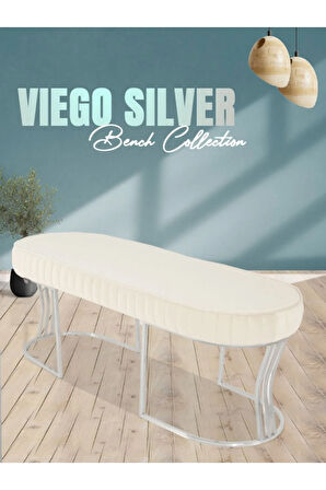 Viego Silver Striped Bench Lüks Metal Gümüş Ayak, Chester Model Yatak Ucu Beyaz Puf