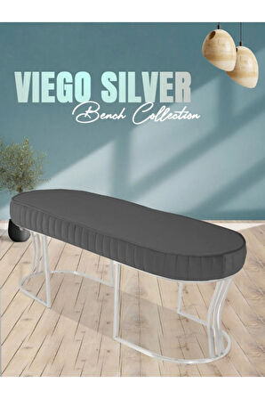 Viego Silver Striped Bench Lüks Metal Gümüş Ayak, Chester Model Yatak Ucu Gri Puf
