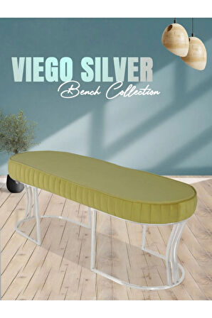 Viego Silver Striped Bench Lüks Metal Gümüş Ayak, Chester Model Yatak Ucu Hardal Puf